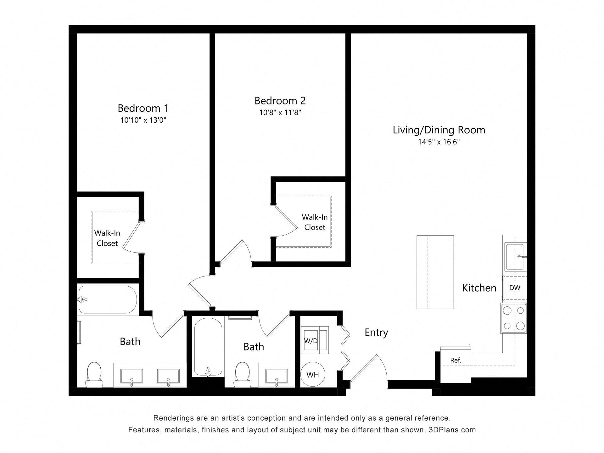 Floor plan for 2 beds, 2 baths, 1055 sqft